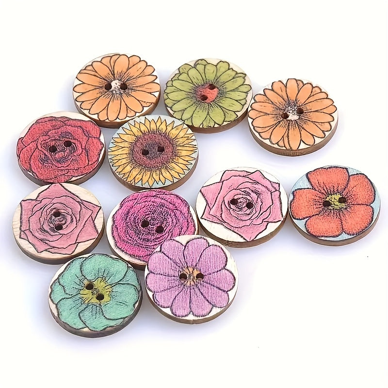 50pcs Retro Flower Discs Wooden Craft Buttons Assorted Colors DIY Projects