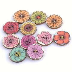 50pcs Retro Flower Discs Wooden Craft Buttons Assorted Colors DIY Projects