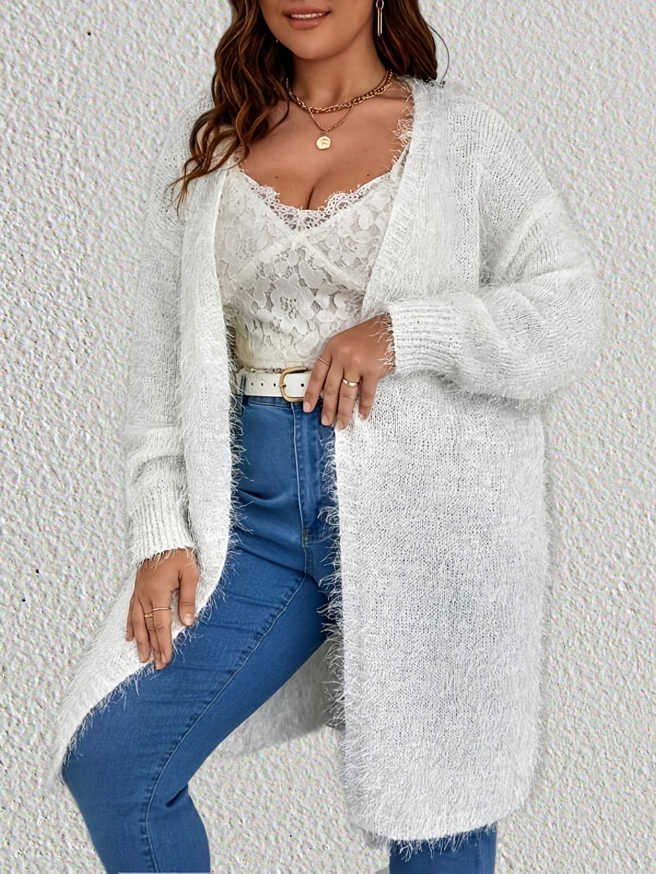  Longline Fuzzy Solid Cardigan Women's Plus Slight Stretch