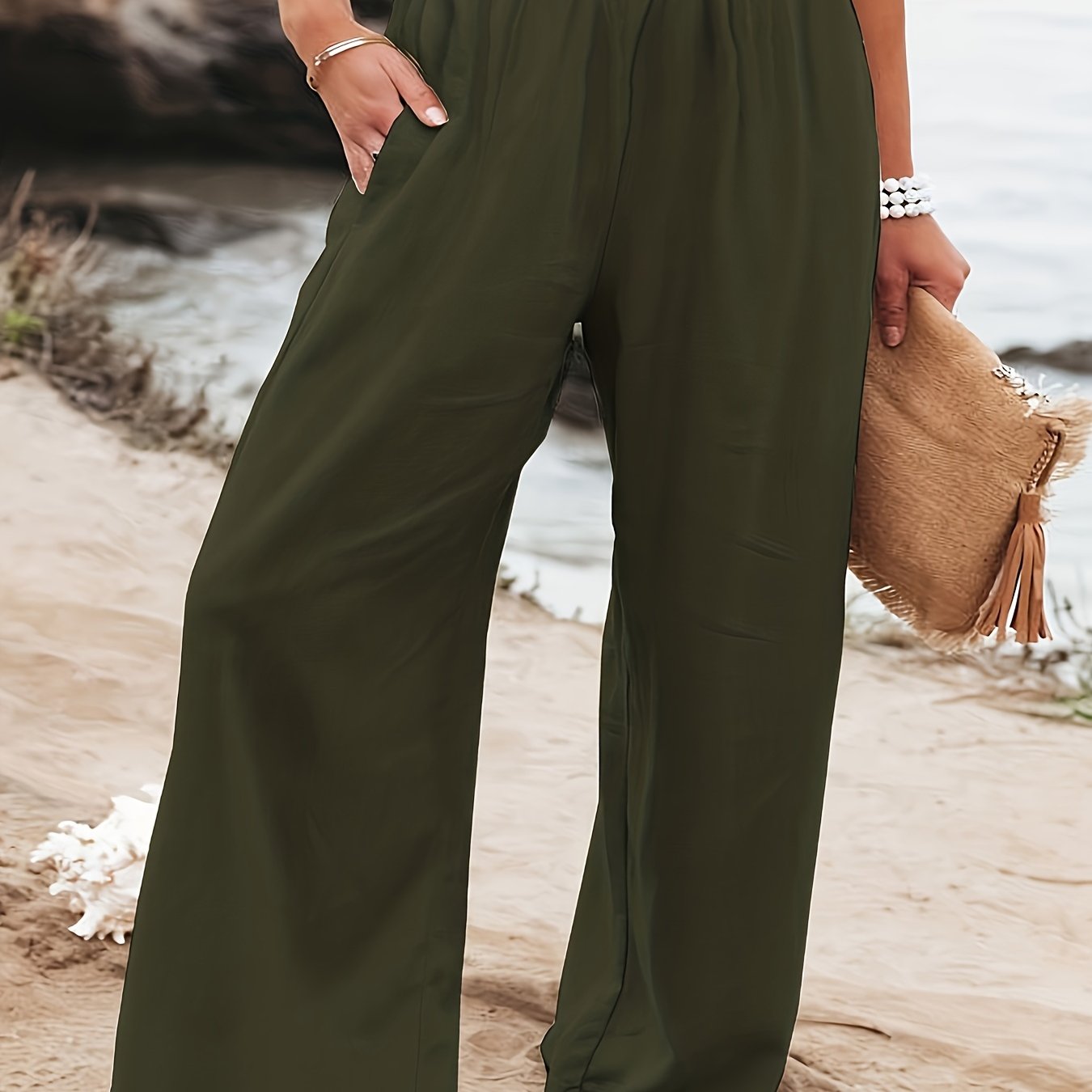  Ruched Wide Leg Pocketed Pants