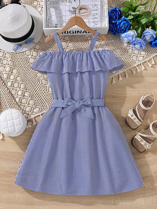 Girls' Striped Off Shoulder Slip Dress with Belt