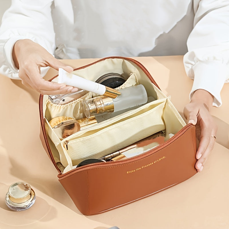 Waterproof Leather Travel Cosmetic Bag with Handle Large Capacity