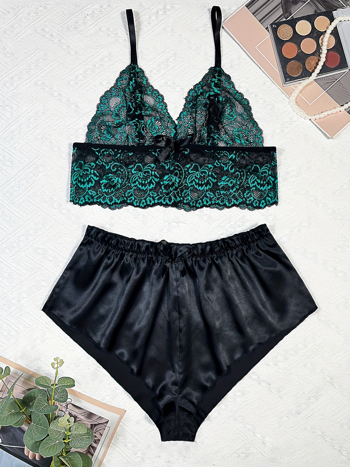 Floral Lace Lingerie Set V Neck Cami Top & Satin Shorts