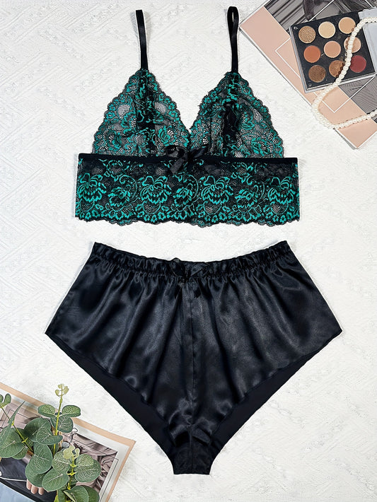 Floral Lace Lingerie Set V Neck Cami Top & Satin Shorts