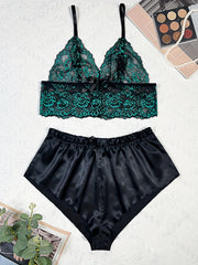 Floral Lace Lingerie Set V Neck Cami Top & Satin Shorts