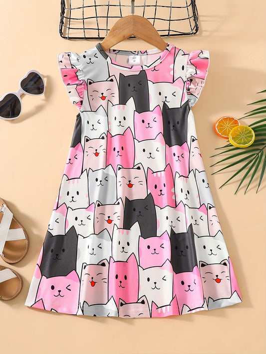 Girls Cartoon Cat Sleeveless Dress for Summer Holiday