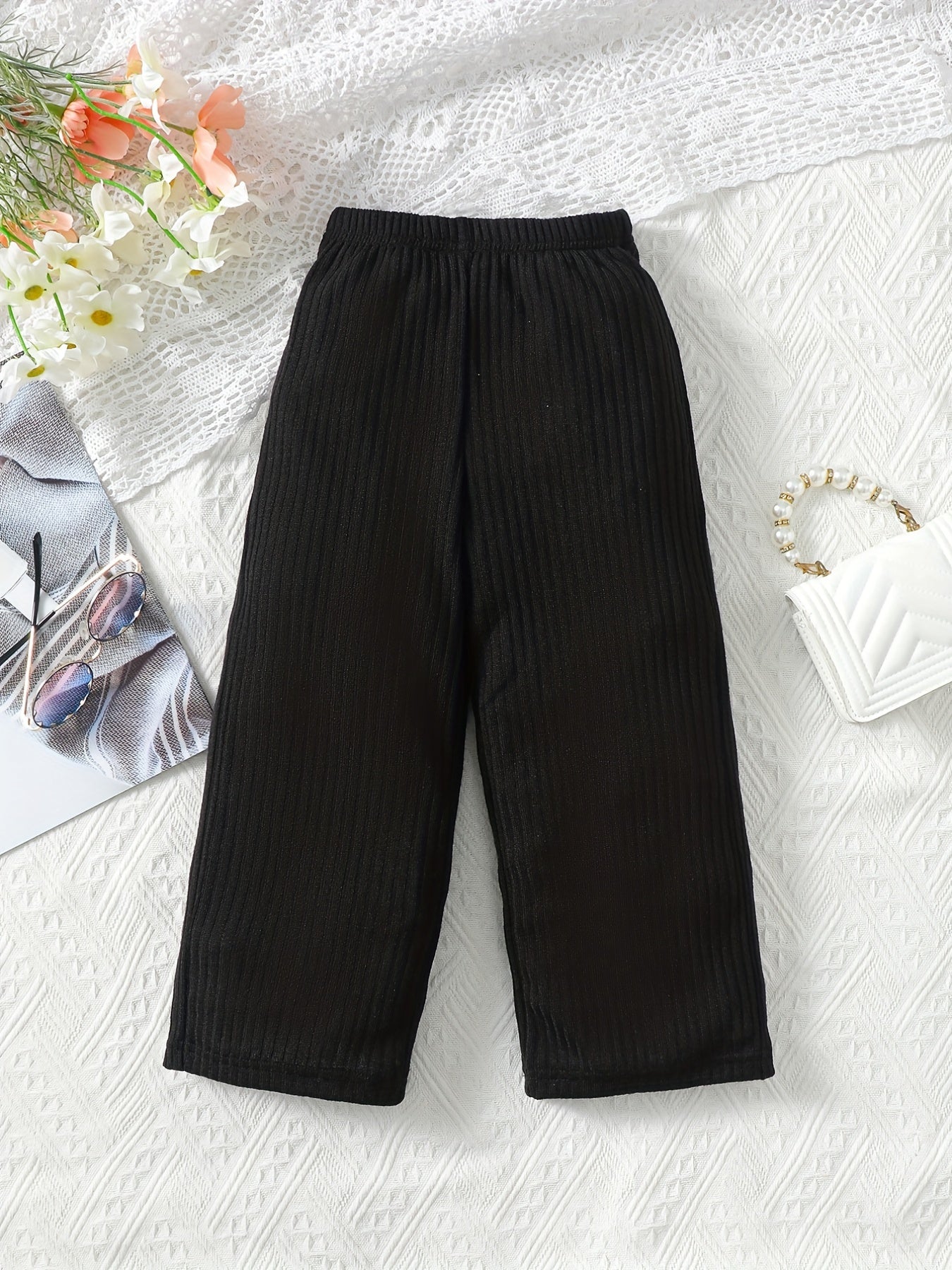 Girl's Rib Knit Elastane High Elastic Waist Casual Trousers