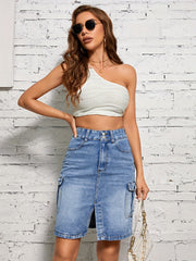Cargo Denim Skirt Double Button Split High Waist
