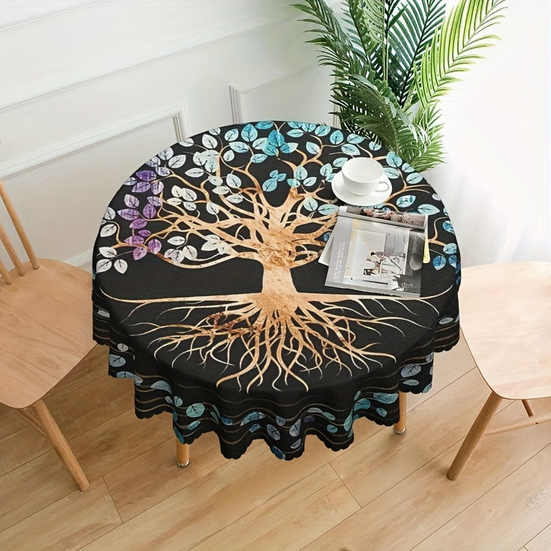 Round Polyster Table Cloth Tree Of Life Pattern Water Repellent Circle Table Cov