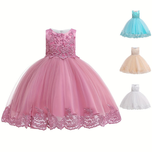 Girls Sleeveless Puffy Princess Dress Flowers Embroidered Tulle Tutu Dress