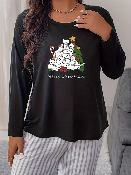  Christmas Lounge Top Women's Plus Christmas Tree & Cat Print