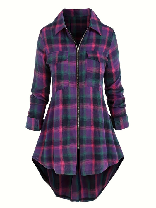  Plaid Long Sleeve Longline Shirt