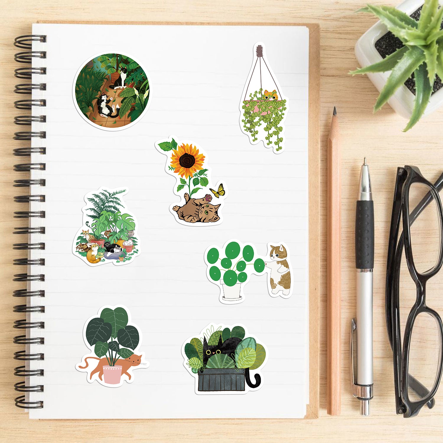 50pcs Cartoon Cat & Plant Graffiti Sticker Set