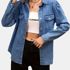 Long Sleeves Denim Top Flap Pockets Single Breasted Button Lapel