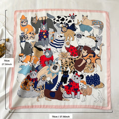 70 0cm Cat Cartoon Pattern Square Scarf Silk Feeling Headband For Women