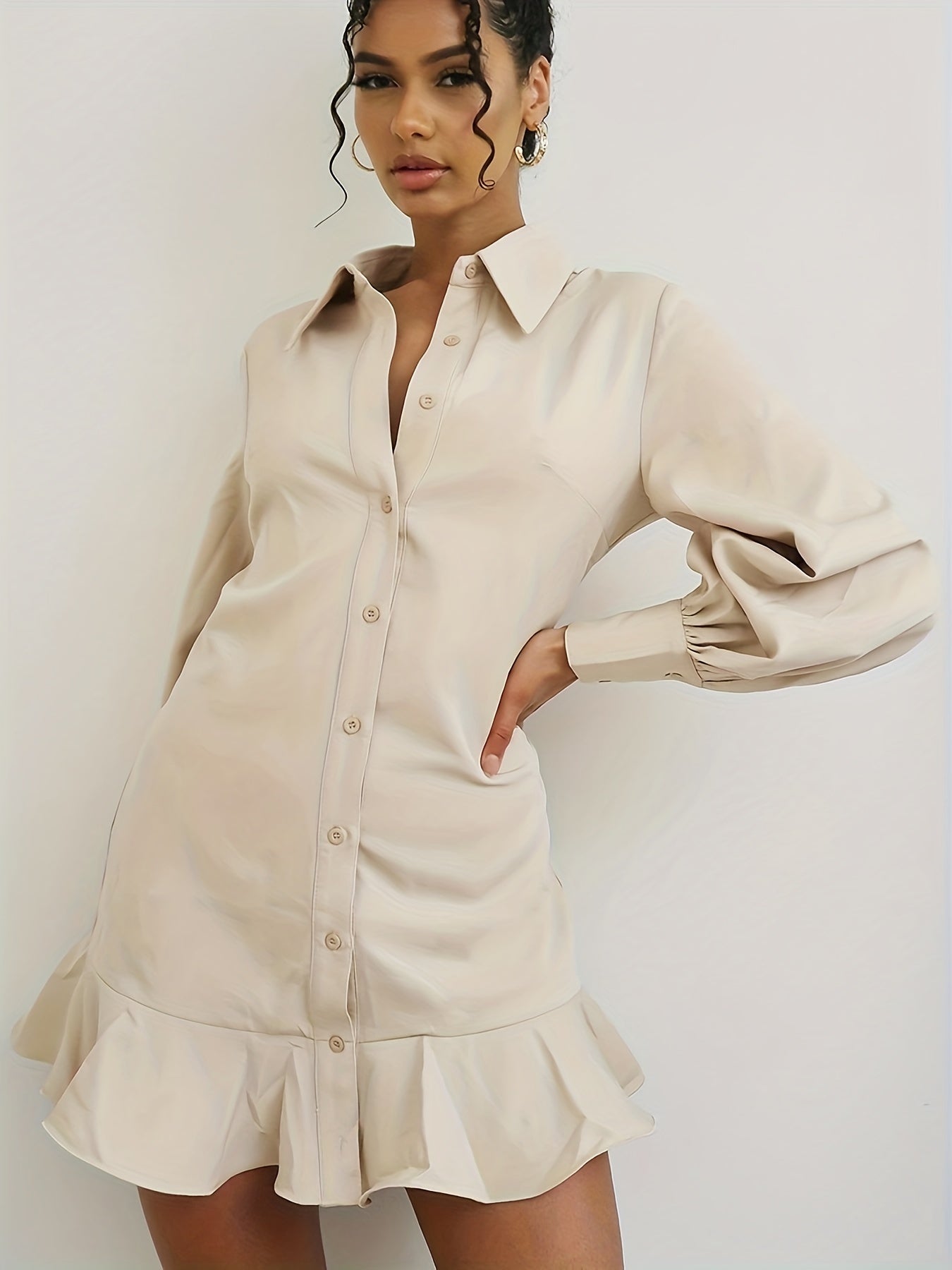  Lantern Sleeve Ruffle Trim Shirt Dress