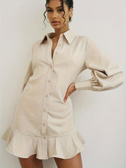 Lantern Sleeve Ruffle Trim Shirt Dress