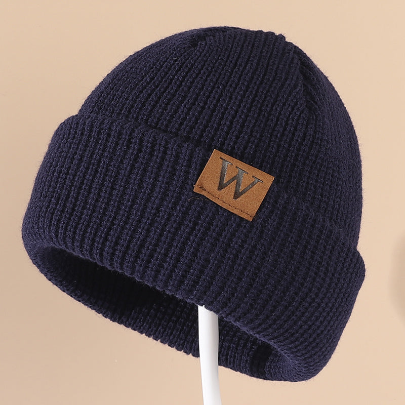 W Patch Knitted Beanie Casual Woolen Hat