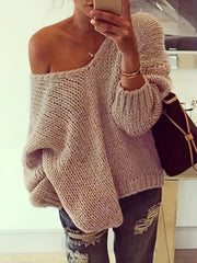 Casual V Neck Knitted Top Long Sleeve Pullover Sweater
