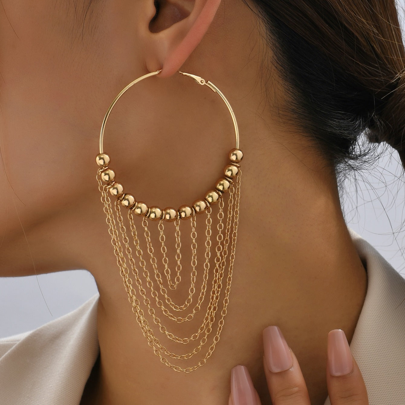 Golden Circle Tassel Hoop Dangle Earrings 18K Plated Ornaments