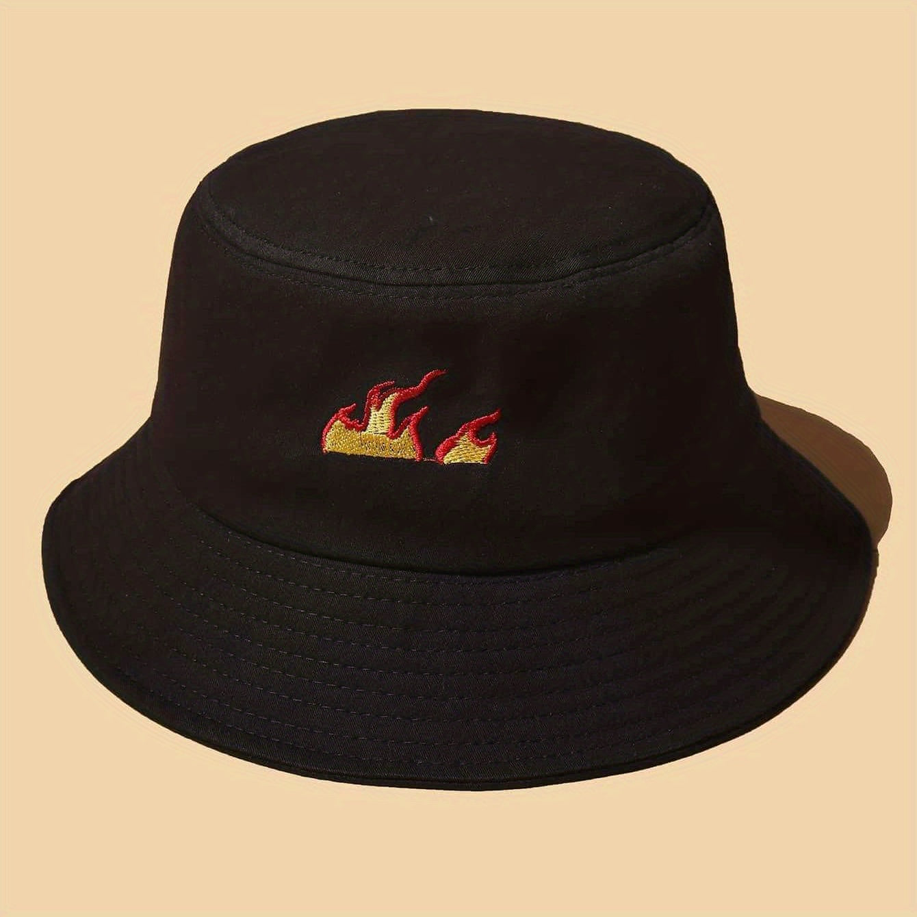 Flame Embroidery Bucket Hat Casual Hip Hop Basin Hat Solid Unisex Fisherman Cap