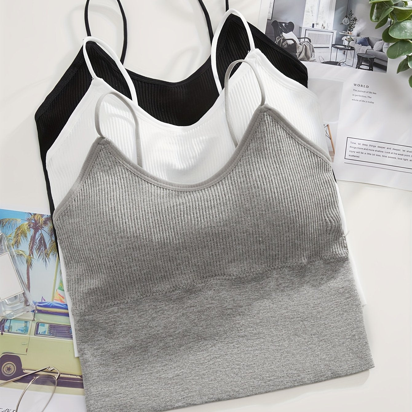 Solid Ribbed Wireless Bras Comfy & Breathable Intimates Bra