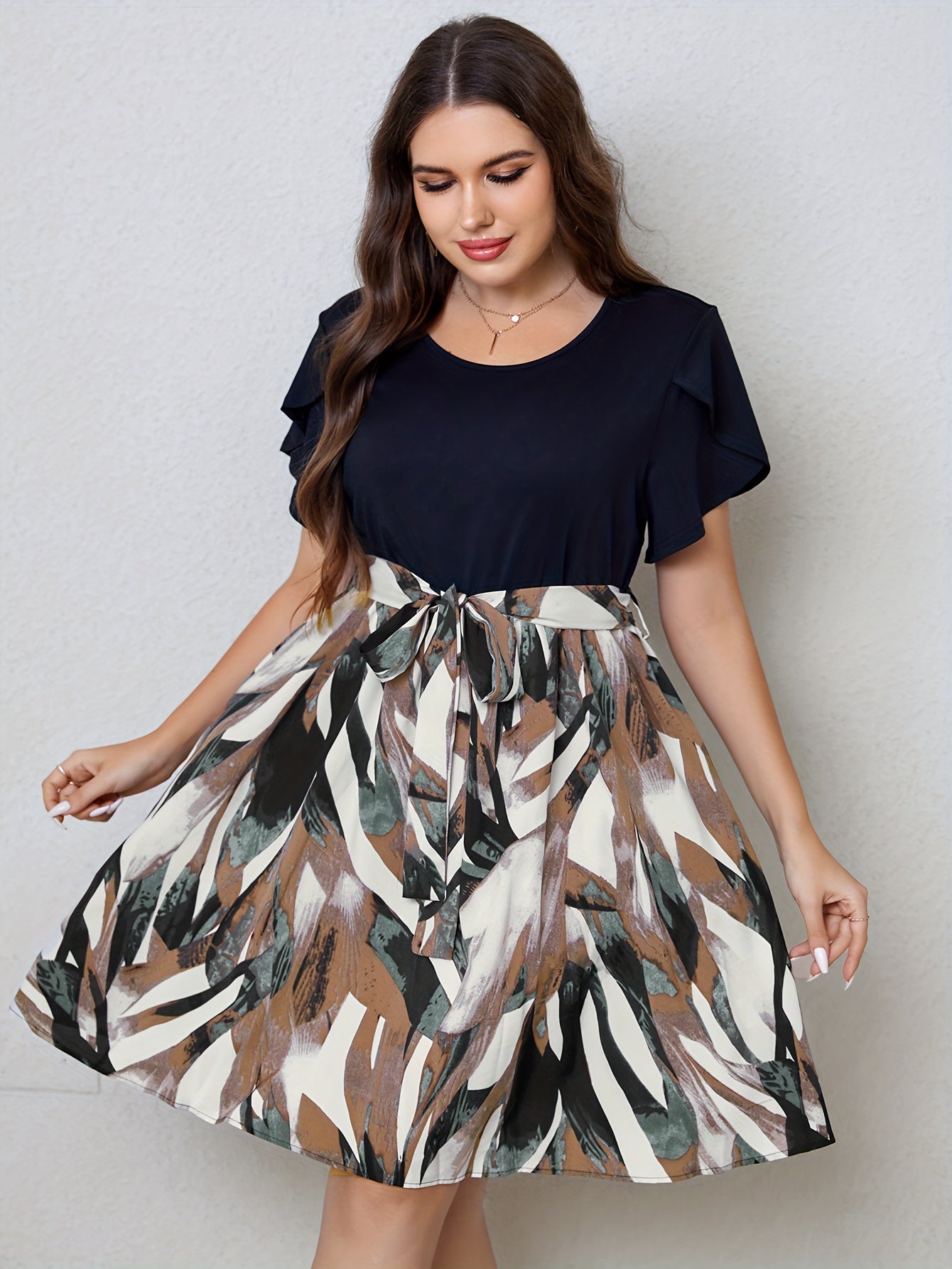  Colorblock Leaf Print Petal Sleeve Dress With Belt