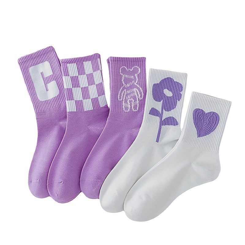 8 Pairs Heart Print Socks Comfy & Breathable All match Socks