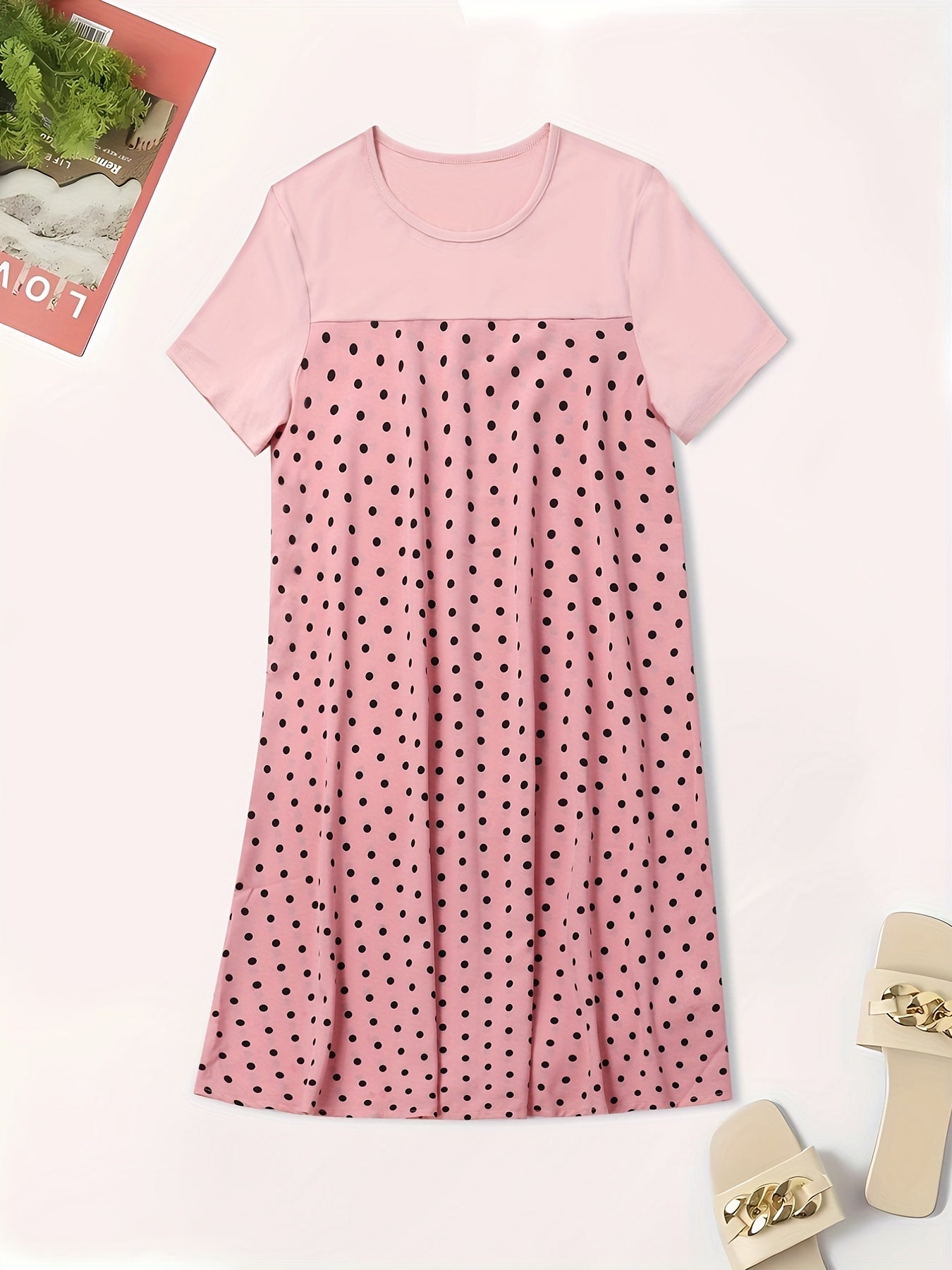 Colorblock Polka Dot Print Short Sleeve Dress