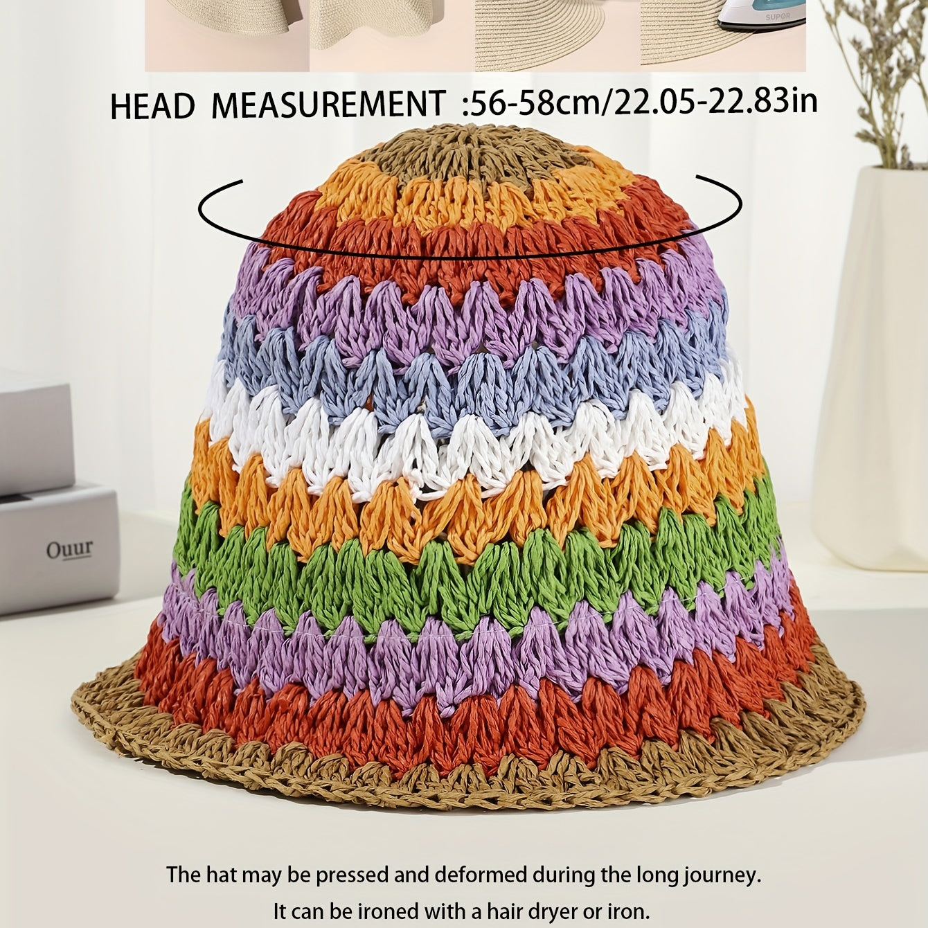 Rainbow Striped Bucket Hat Crochet Straw Sun Hat