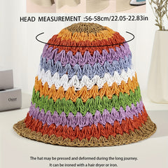 Rainbow Striped Bucket Hat Crochet Straw Sun Hat