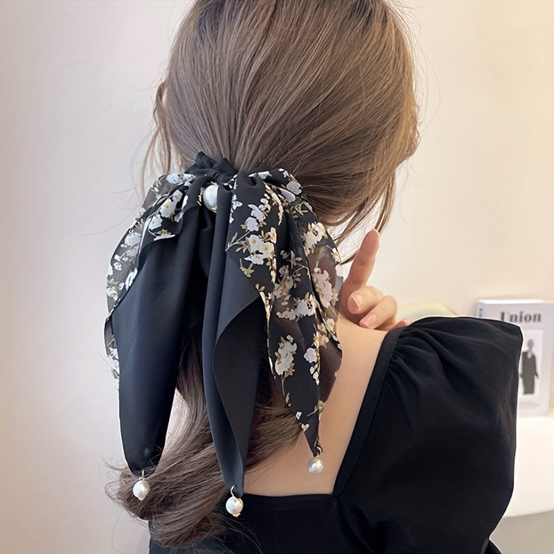 Floral Print Scarf Scrunchies Hair Tie with Faux Pearl Decor