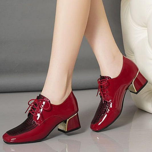 Women's Square Toe Block Heel Lace Up Mid Heels Faux Patent Leather Pumps