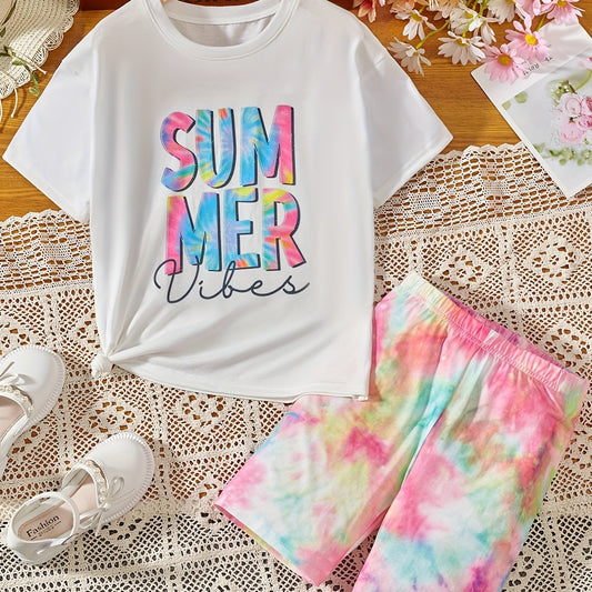 2 Pcs Girls' Tie Dye T Shirt & Shorts Set for Summer