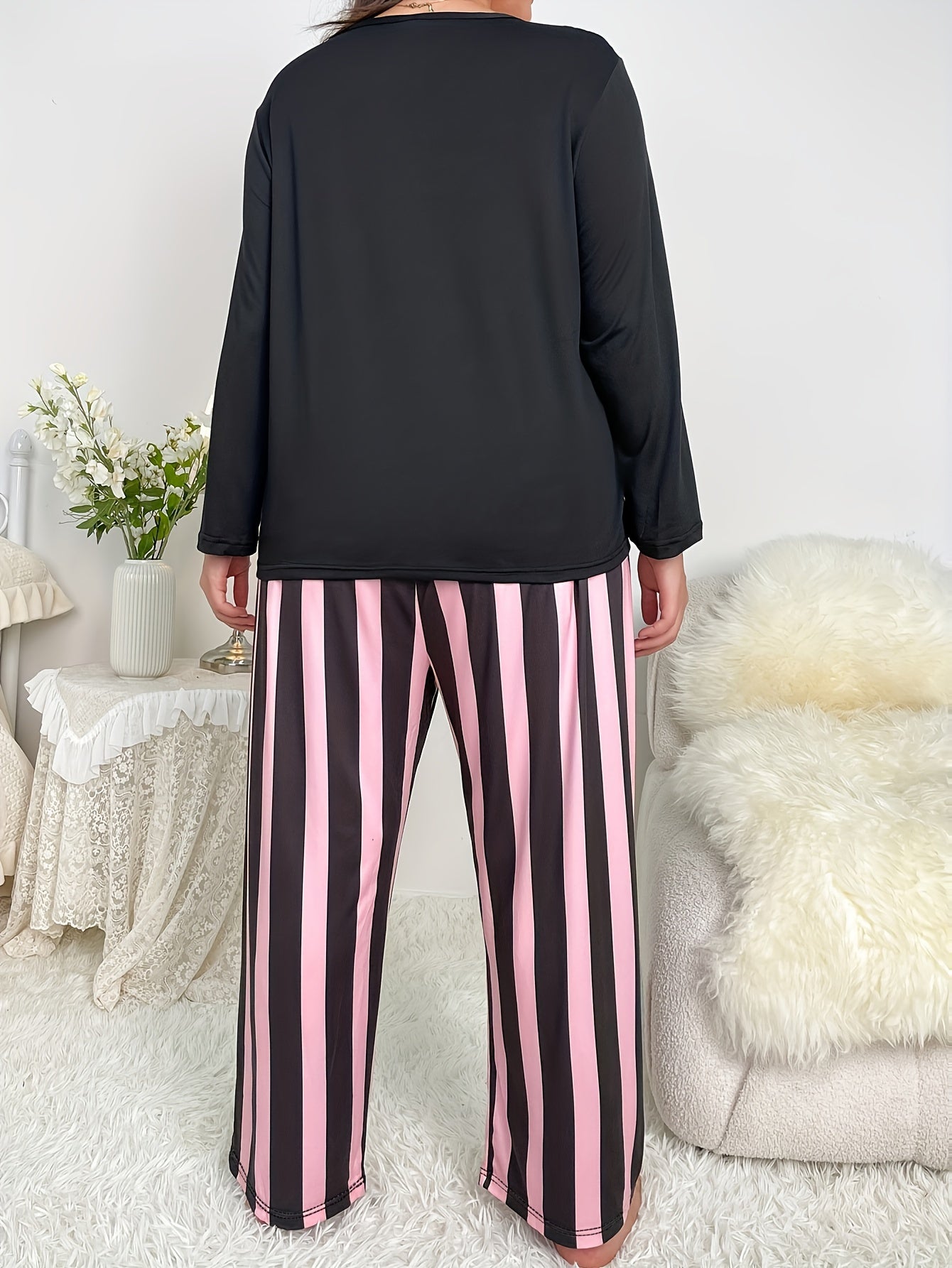 Women's Plus Cat Print Top & Striped Pants Pajama Set