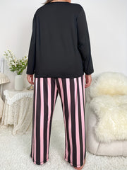 Women's Plus Cat Print Top & Striped Pants Pajama Set