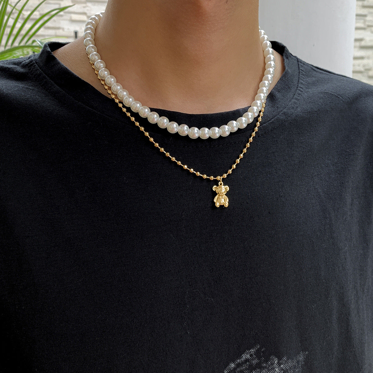Men's Pearl Bear Pendant Necklace