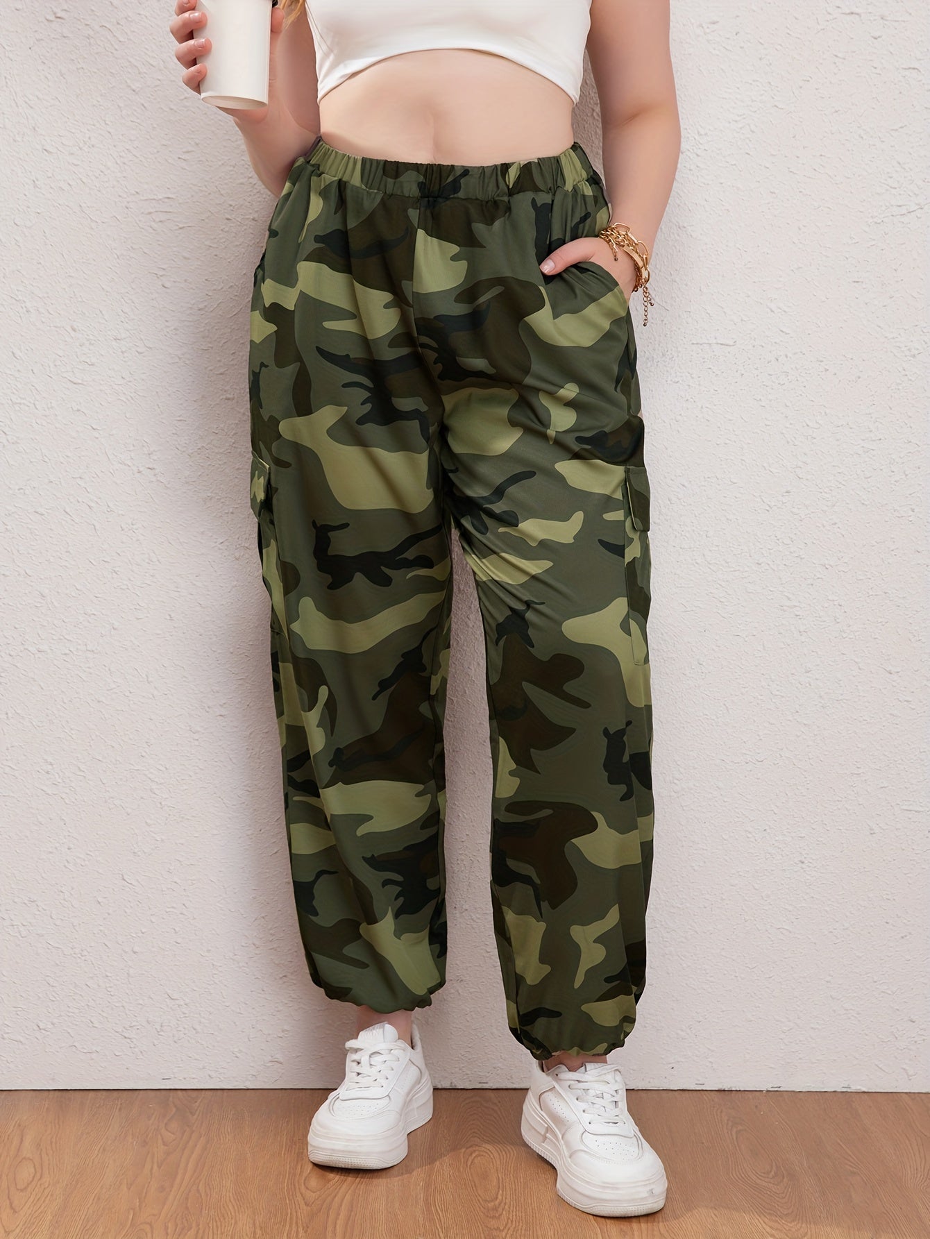 Women's Plus Camo High Rise Jogger Cargo Trousers