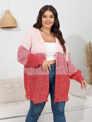  Colorblock Hoodie Fringe Trim Cardigan Women's Plus
