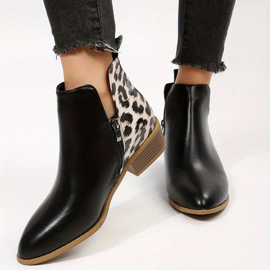 Leopard Print Ankle Boots Pointed Toe V Cut Stacked Heels Short Boots
