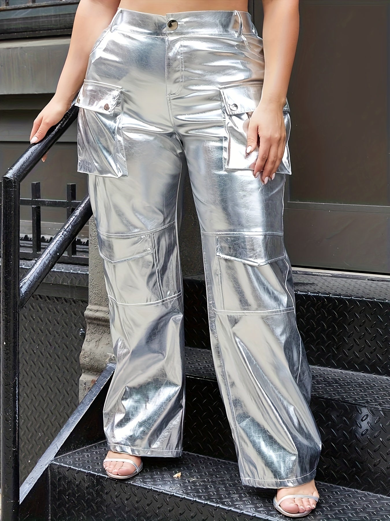  Metallic Button Fly High Rise Cargo Trousers