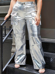  Metallic Button Fly High Rise Cargo Trousers