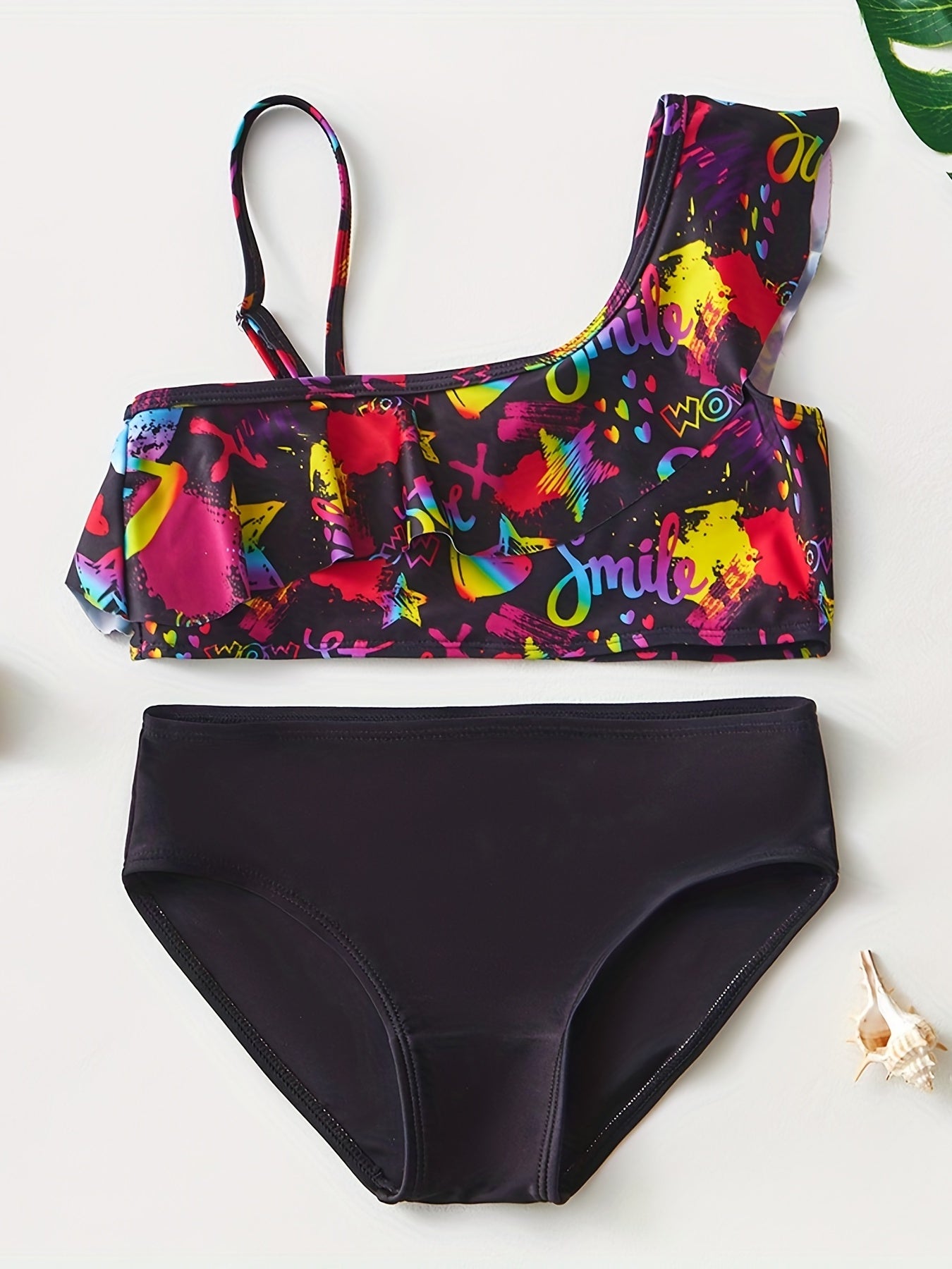 2pcs Graffiti Graphic Tankini Swimsuit Set for Girls - Summer Beach Pool Parties