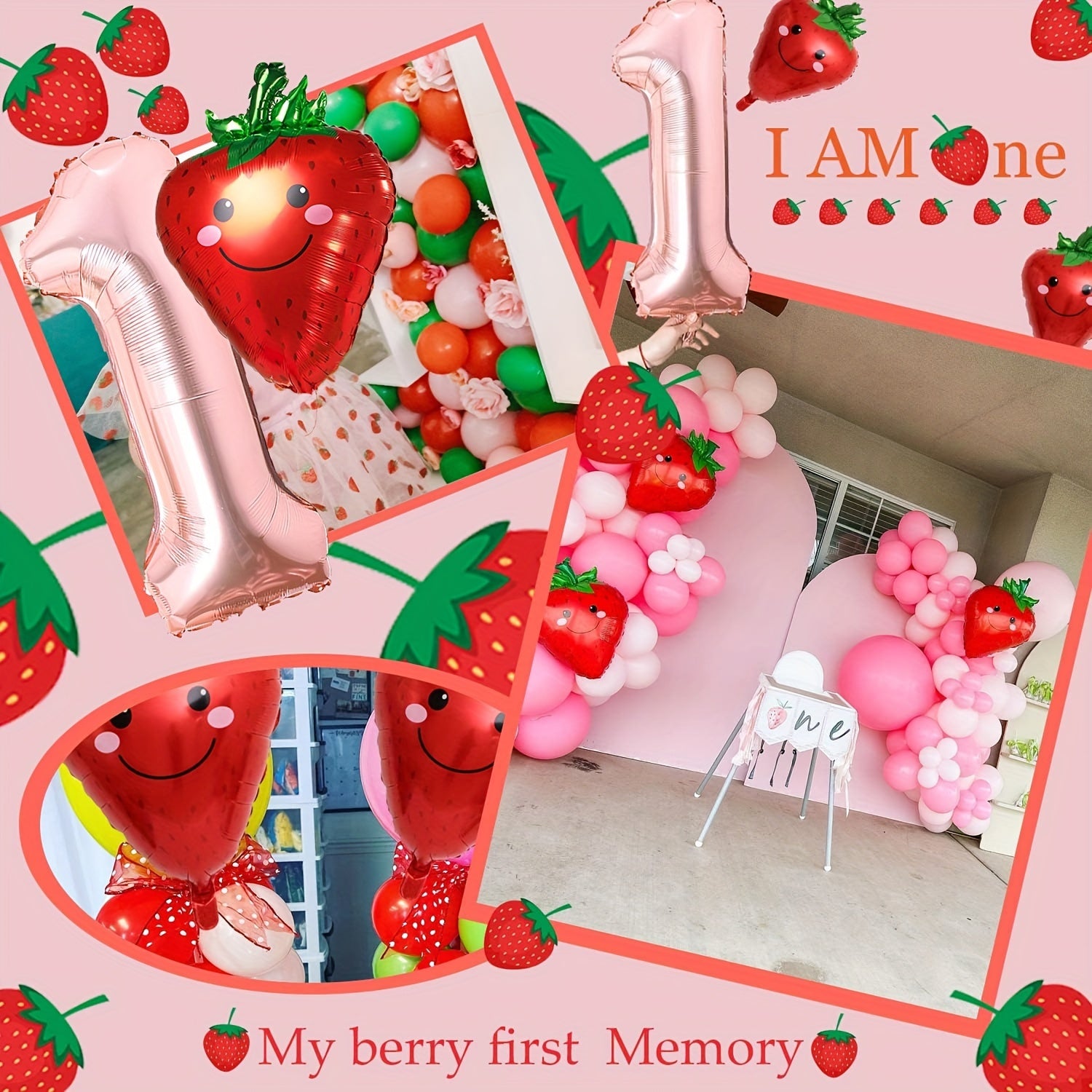 1st Birthday Party Decorations Huge Number 1 Balloon & Strawberry Foil Balloon