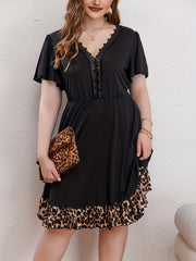 Women's Plus Colorblock Leopard Print Contrast Lace Dress