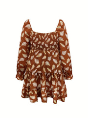 Women's Plus Leaf Print Lantern Sleeve Smock Dress