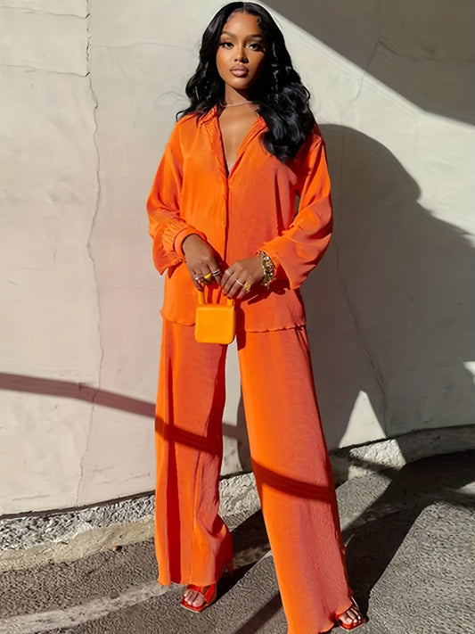 Casual Two piece Set Long Sleeve Shirt & Wide Leg Pants