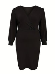  Solid Lantern Sleeve Surplice Neck Slim Fit Dress