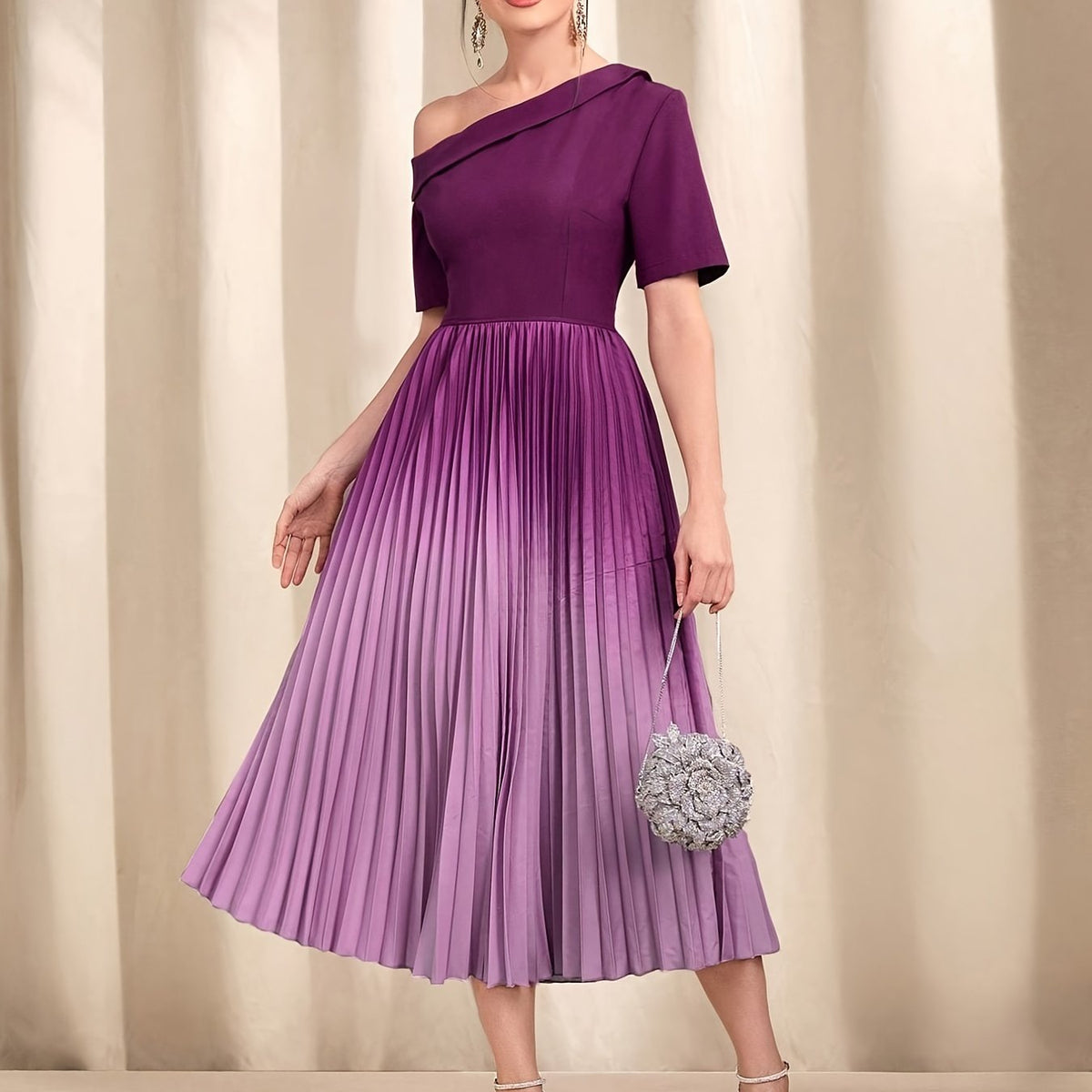Ombre One Shoulder Pleated Dress Short Sleeve Dress For Banquet