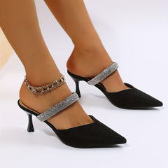 Rhinestone Decor Solid Sandals Point Toe Slip On Heels